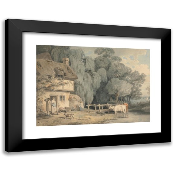 Francis Wheatley 14x11 Black Modern Framed Museum Art Print Titled - Country Scene; Figures by a Cottage Door and Cattle in a Stream (1795)