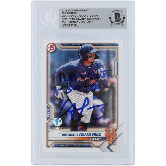Francisco Alvarez New York Mets Autographed 2021 Bowman Draft #BD-112 Beckett Fanatics Witnessed Authenticated Card with "MLB Debut 9-30-22" Inscription - Fanatics Authentic Certified