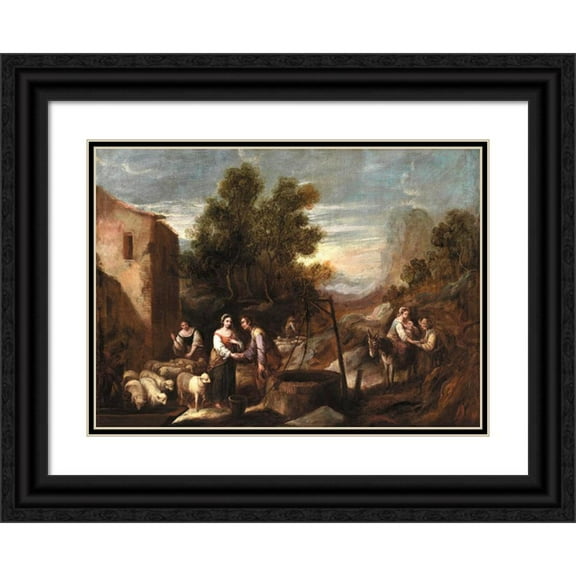 Francisco Antolinez y Sarabia 18x14 Black Ornate Wood Framed Double Matted Museum Art Print Titled - Jacob and Rachel (Between 1665 and 1700)