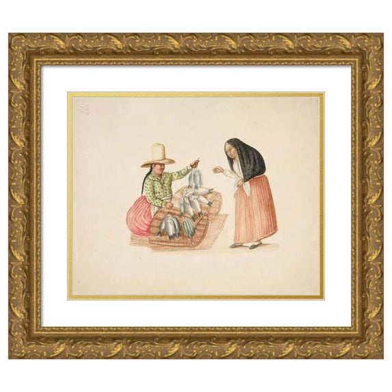 Francisco Fierro 24x20 Gold Ornate Framed and Double Matted Museum Art Print Titled - Fish Merchant and Indian Woman (ca. 1850)