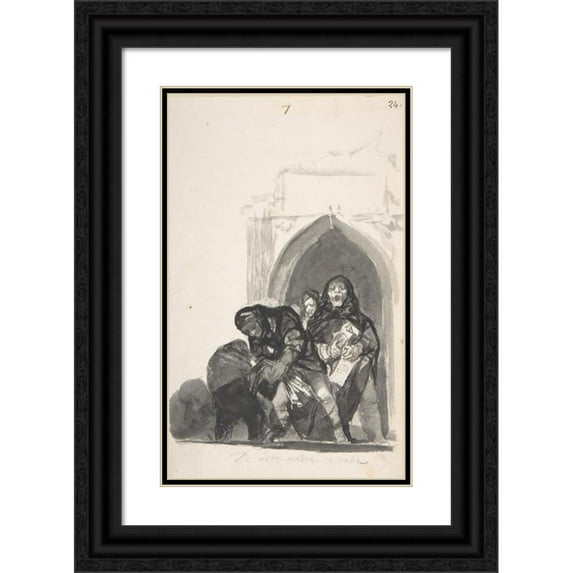 Francisco de Goya 13x18 Black Ornate Wood Framed Double Matted Museum Art Print Titled - ‘Nothing is Known of This’ ; Two Figures Picking Up a Body in Front of a Church, a Monk Singing