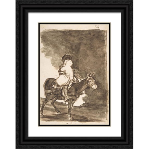 Francisco de Goya 14x18 Black Ornate Wood Framed Double Matted Museum Art Print Titled - A Man and a Woman Riding a Mule (ca. 1812-20)