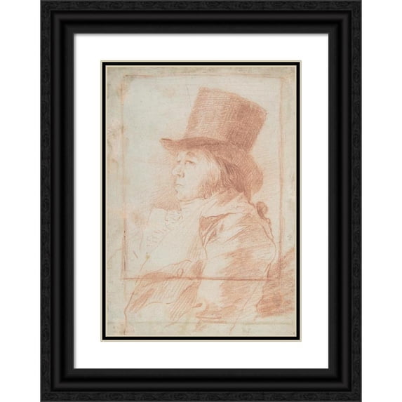 Francisco de Goya 14x18 Black Ornate Wood Framed Double Matted Museum Art Print Titled - Self-Portrait; Goya Wearing a Top Hat Facing Left Within a Drawn Frame (ca. 1797-98)