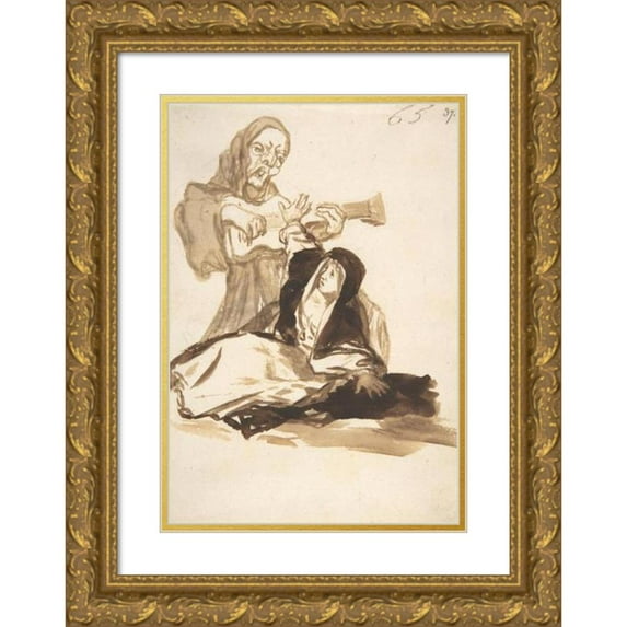 Francisco de Goya 14x18 Gold Ornate Wood Frame and Double Matted Museum Art Print Titled - A Nun Frightened by a Ghost Playing a Guitar (ca. 1812-20)