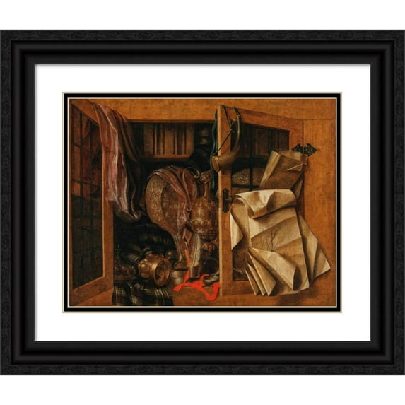 Franciscus Gijsbrechts 18x15 Black Ornate Wood Framed Double Matted Museum Art Print Titled - A Trompe-L’Oeil Still Life of a Cupboard with Books, Gilded Vessels, a Hunting Horn and Dra
