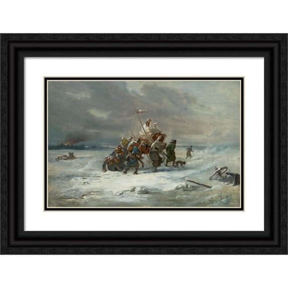 Franciszek Kostrzewski 14x11 Black Ornate Wood Framed Double Matted Museum Art Print Titled: Retreat from Moscow (1854)