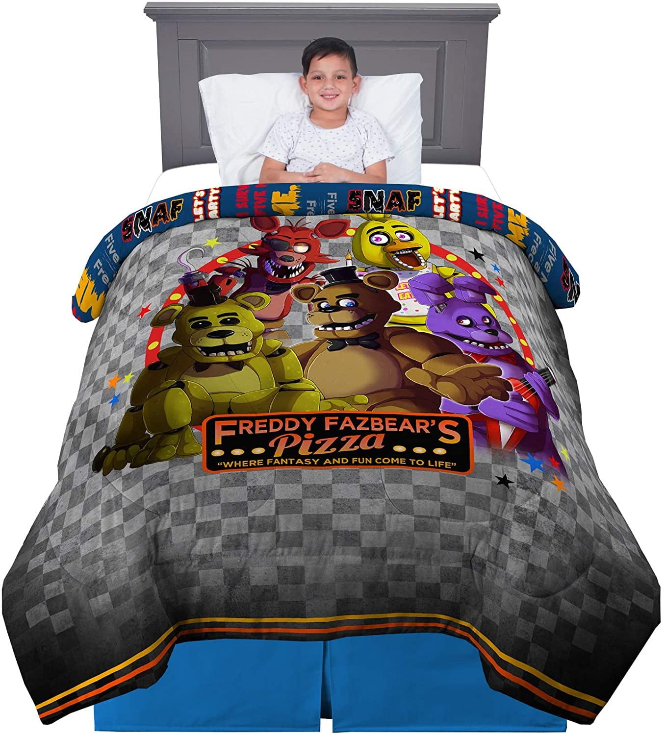 Product name is Franco Kids Bedding Comforter and Sheet Set, 5 Piece Full  Size, Five Nights at Freddy's : r/CrappyDesign