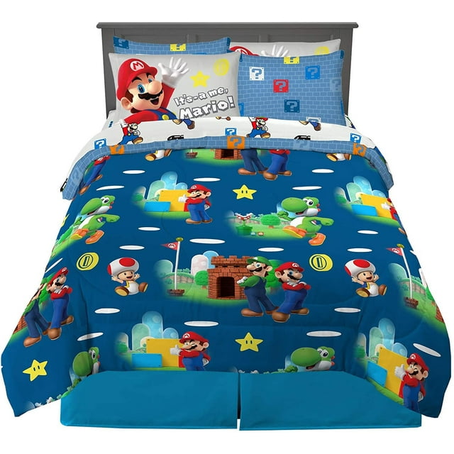 Franco Kids Super Soft Bedding Set, Full Size, 7 Piece, With Comforter, Sheet, Sham, Super Mario