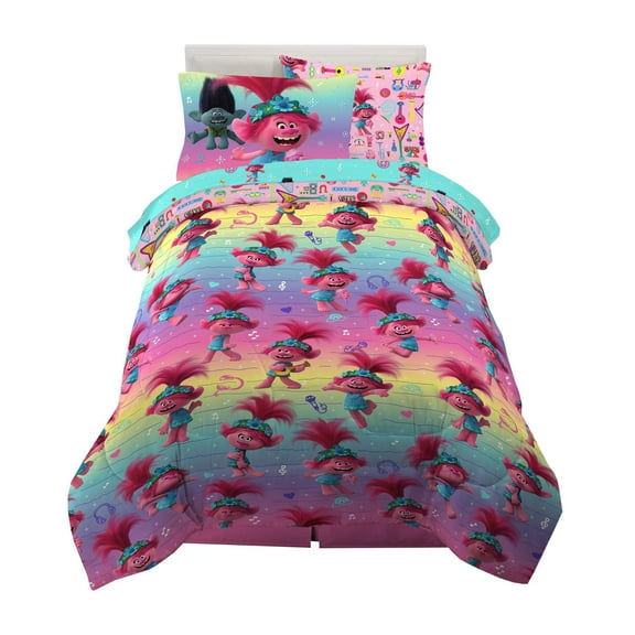 Franco Kids Bedding Trolls World Tour Twin Comforter and Sheet Set with Sham, 5 Piece Set