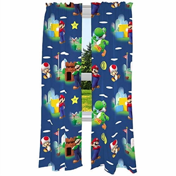 Franco Kids Super Mario Rod Pocket Light Filtering Window Curtains, 82 x 84 in (2 Panels)