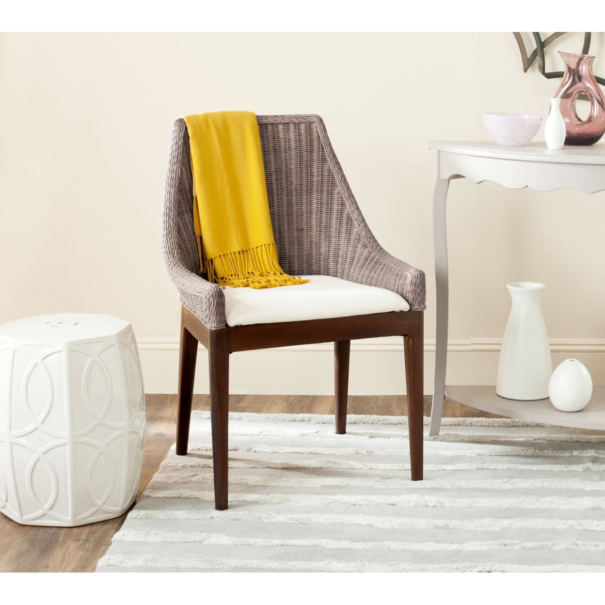 Zen Coastal Cream Woven Accent Chair with Mahogany Legs