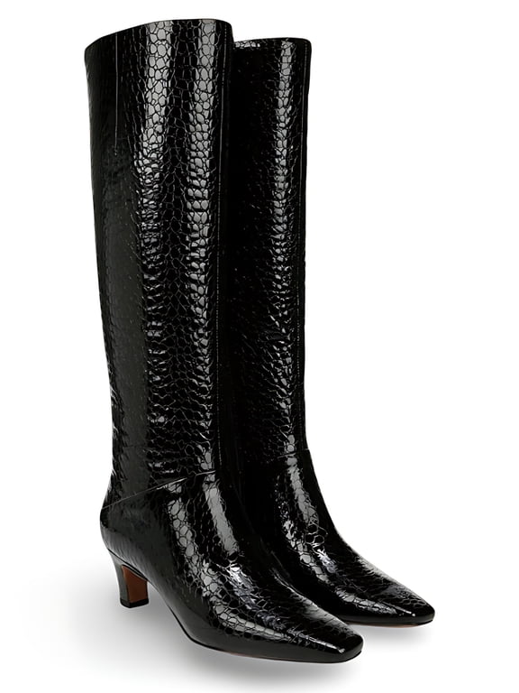 Women's Andria Pointed Toe Knee High Boot Black Croc Patent Leather 9.5M