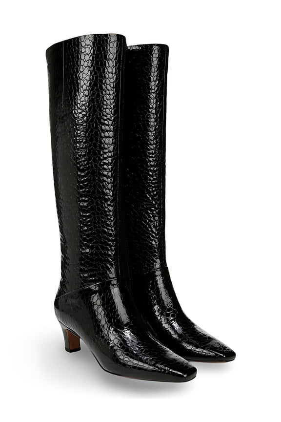 Women's Andria Pointed Toe Knee High Boot Black Croc Patent Leather 9.5M