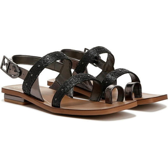 Franco Sarto Women's Ellis Slingback Strappy Flat Sandal Black Raffia 8.5M