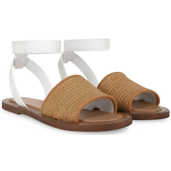 Franco Sarto Women's Rosa Ankle Strap Flat Sandal Tan/White 9.5M