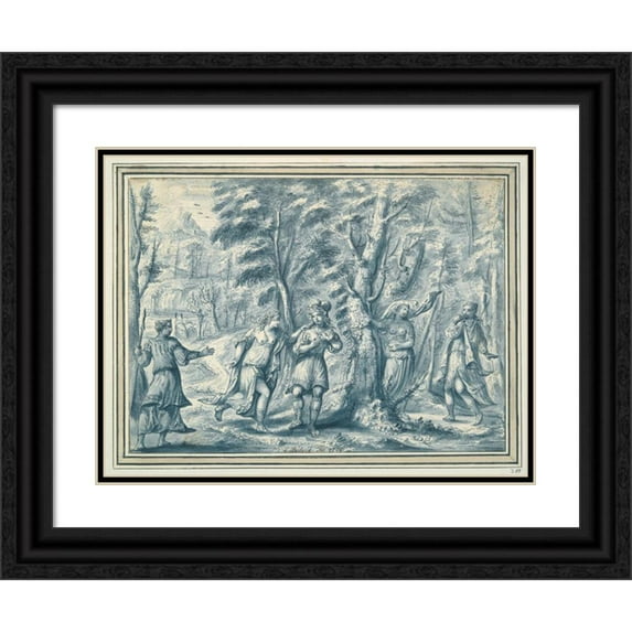 Francois Boitard 14x12 Black Ornate Wood Framed Double Matted Museum Art Print Titled: Blind Man's Buff (1709)
