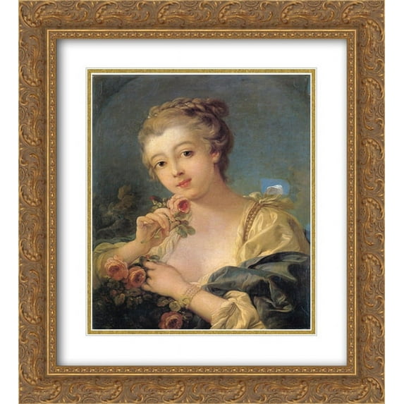 Francois Boucher 2x Matted 20x24 Gold Ornate Framed Art Print 'Young Woman with a Bouquet of Roses'