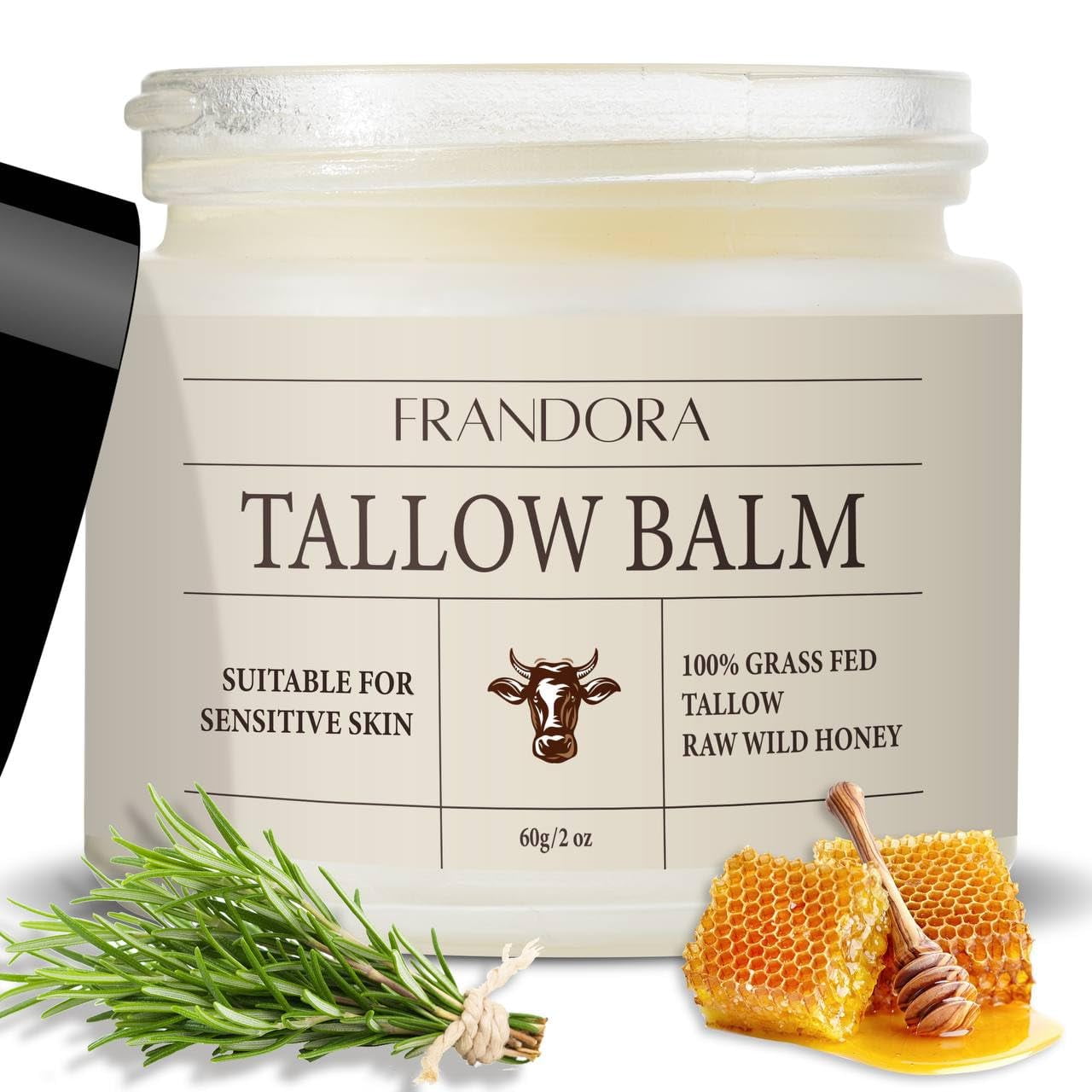 Frandora's Beef Tallow and Honey Balm for Skin, All-Natural Moisturizer, Hydrating Grass-Fed Beef Tallow & Raw Wild Honey Blend - 2 oz