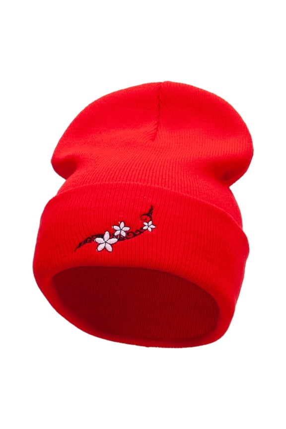 Frangipani Flower Embroidered 12 Inch Long Knitted Beanie - Red OSFM