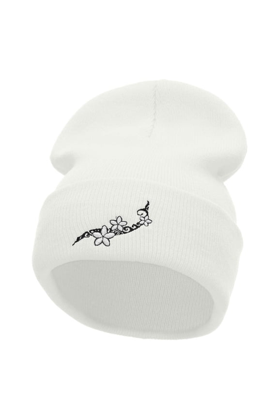 Frangipani Flower Embroidered 12 Inch Long Knitted Beanie - White OSFM