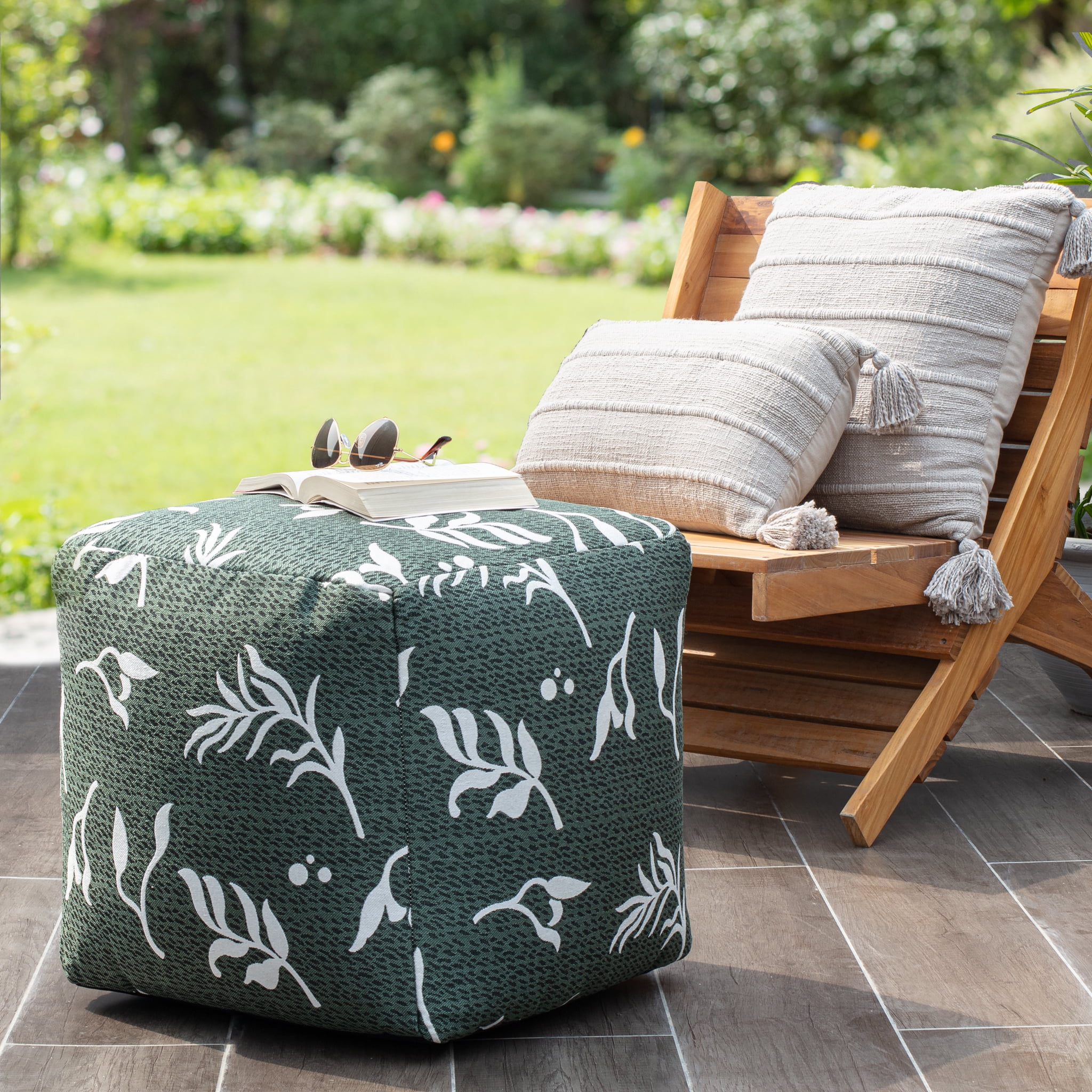 Frangipani Green 18" x 18" x 18" Green & Ivory Pouf