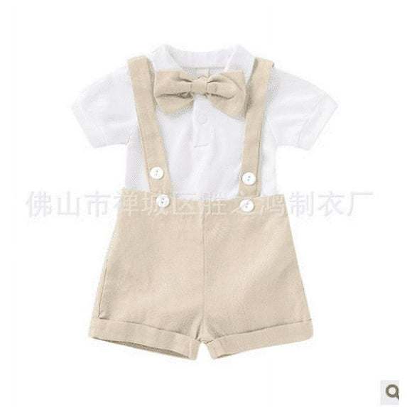 Franhais 2 Pcs Baby's Gentleman Suit, Stand Collar Romper, Button Suspender Trousers, Bow Tie
