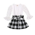 thumbnail image 1 of Franhais 2 Pcs Girl's Fashionable Casual Suit, Round Neck Long Mesh Flared Sleeve Polka Dot Pullover, Plaid Buttoned Skirt, Daily Life, 1 of 8
