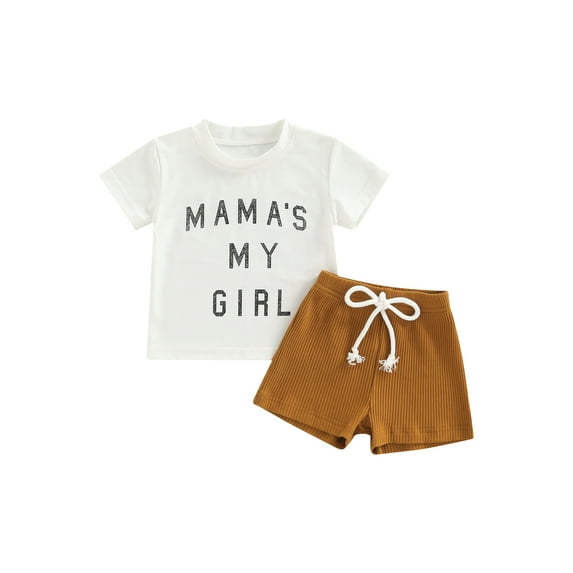 Franhais 2 Pcs Infant Casual Outfits, Girls Letter Print Short Sleeve Round Neck T-shirt + Ribbed Solid Color Shorts