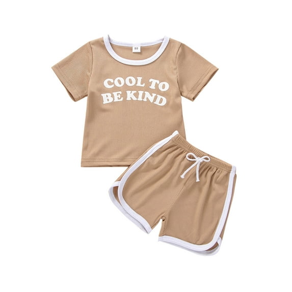 Franhais 2 Pcs Infant Ribbed Outfits, Toddler Letter Print Short Sleeve Round Neck T-shirt + Contrast Color Shorts
