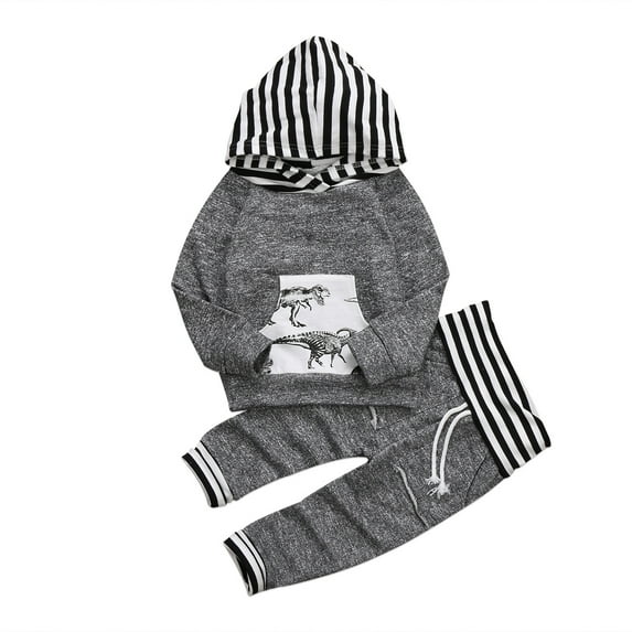 Franhais 2 Pcs Set Baby Boys Long Sleeve Dinosaur Hoodie Sweatshirt+ Drawstring Stripe Pants Outfit