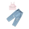 thumbnail image 1 of Franhais 2 Pcs Toddler Casual Outfits, Girls Short Letter Print Halter Tank Tops + Ripped Jeans with Pockets, 1 of 6