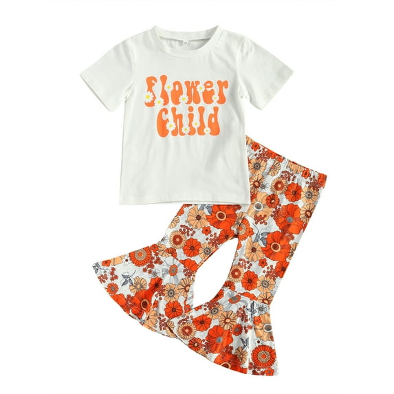 Franhais 2 Pieces Kids Suit Set, Girls Floral Print Round Neck Shirt Sleeve T-Shirt+ Flared Trousers for Summer, 2-7 Years