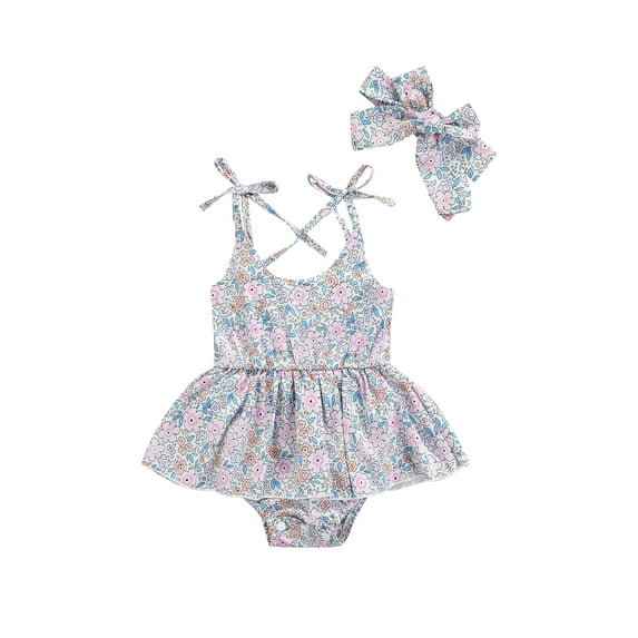 Franhais 2Pcs Baby Girls Outfit, Sweet Style Summer Floral Printing Lace Up Shoulder Strap Sleeveless Suspender Romper + Headwear Set