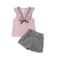 thumbnail image 1 of Franhais 2Pcs Girls Clothes Outfits Ruffle Sleeveless Bow Tie Top + Plaid Print Button Shorts, 1 of 8