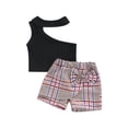 thumbnail image 1 of Franhais 2Pcs Little Girls Outfit, Toddlers Sweet Style Sloping Shoulder Sleeveless Tops + Plaid Bow Decoration Shorts Set, 1 of 9