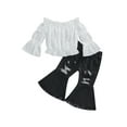 thumbnail image 1 of Franhais 2Pcs Toddler Girls Summer Outfits, Long Bell Sleeve Off Shoulder Tops + Ripped Flare Jeans Set, 1 of 9