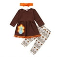 thumbnail image 1 of Franhais 3 Pcs Girls Pants Set, Turkey Printed Dress Tops + Long Pants + Bowknot Headband Outfits, 1 of 6