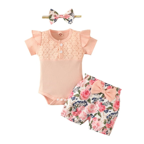 Franhais 3 Pcs Newborn Casual Outfits, Toddler Ribbed Fly Sleeve Round Neck Lace Patchwork Bodysuit + Floral Shorts + Bow Headband