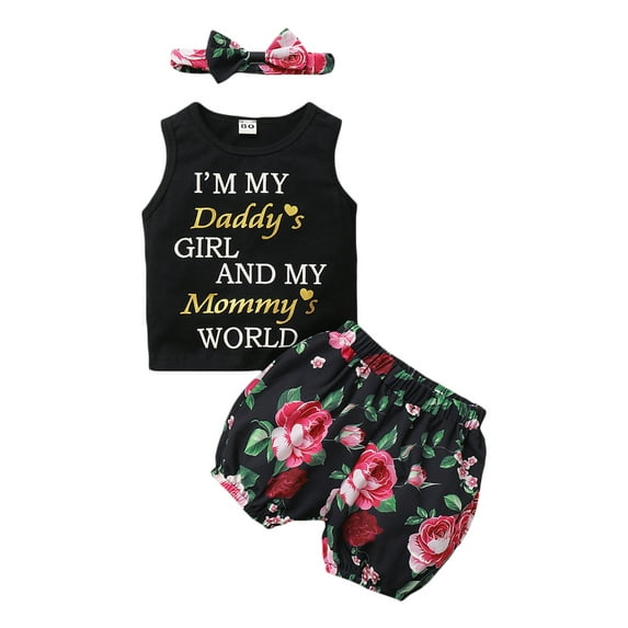 Franhais 3Pcs Baby Girls Summer Outfit, Letter Print Tank Tops + Floral Print Bloomer + Hairband for Toddlers, 0-18 Months