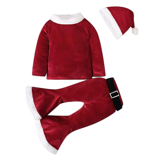 Franhais 3Pcs Christmas Sets for Grils Long Sleeve Round Neck Tops + Solid Color Flared Pants + Hat