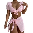 thumbnail image 1 of Franhais 4 Pcs Women Bathing Suits, Adults Tie-up Padded Solid Color Halter Bra + Crop Tops + Sarong + Thong, 1 of 7