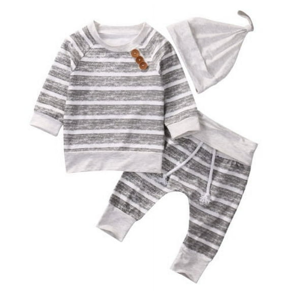 Franhais Baby 3PCS Outfit Set, Long Sleeve Wide Striped Round Neck Top, Long Drawing Straps Elastic Band Pant, Beanie Hat Set