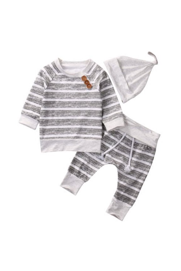 Baby 3PCS Outfit Set, Long Sleeve Wide Striped Round Neck Top, Long Drawing Straps Elastic Band Pant, Beanie Hat Set