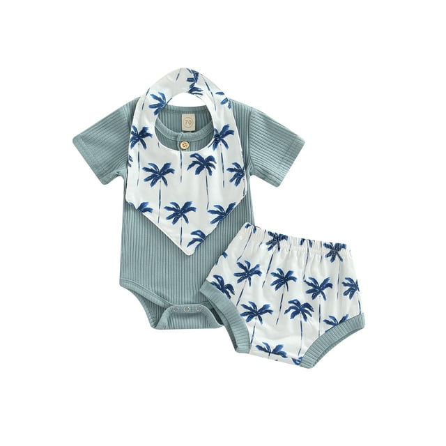 Franhais Baby 3PCS Summer Romper Suit, Plain Ribbed Short Sleeve Buttons Romper, Tree High Waist Triangle Pants, Snap Triangle Bibs