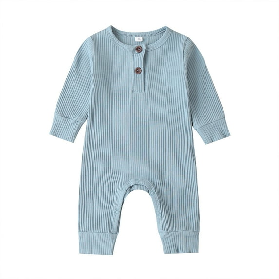 Franhais Baby Boy Girl Button Romper One Piece Knit Ribbed Long Sleeve Long Pants Jumpsuit