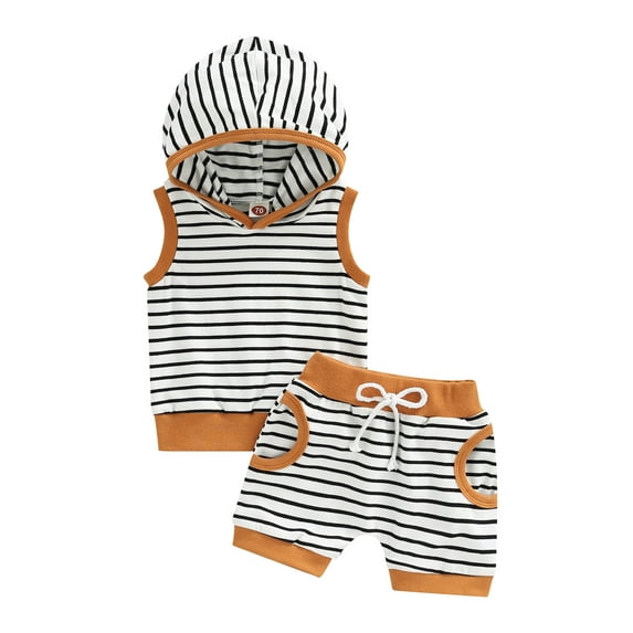 Franhais Baby Boys Summer Outfit Striped Print Sleeveless Hooded Sweatshirt Tops with Drawstring Casual Shorts Set