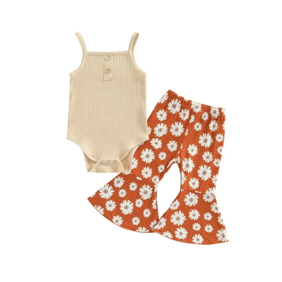 Franhais Baby Girl Summer Shorts Suit Solid Color Ribbed Suspender Jumpsuit Floral Print Flared Trousers