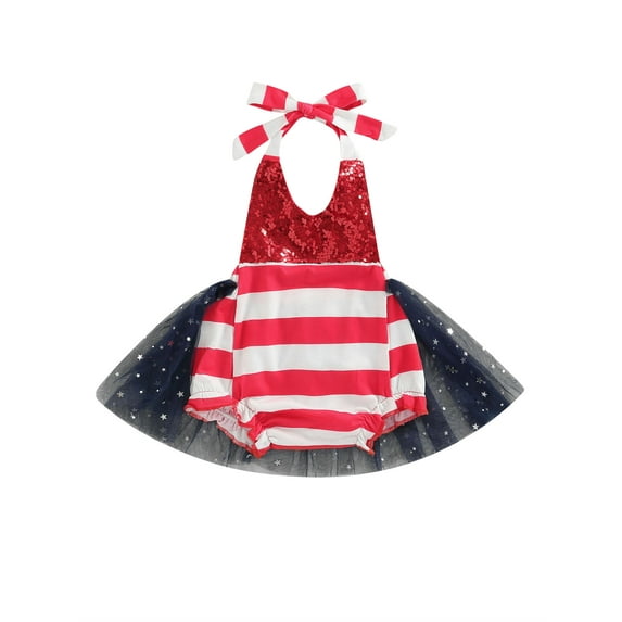Franhais Baby Girl’s Bandage Halter Romper Fashion Sequin Stripe Mesh Yarn Skirt Triangle Jumpsuits