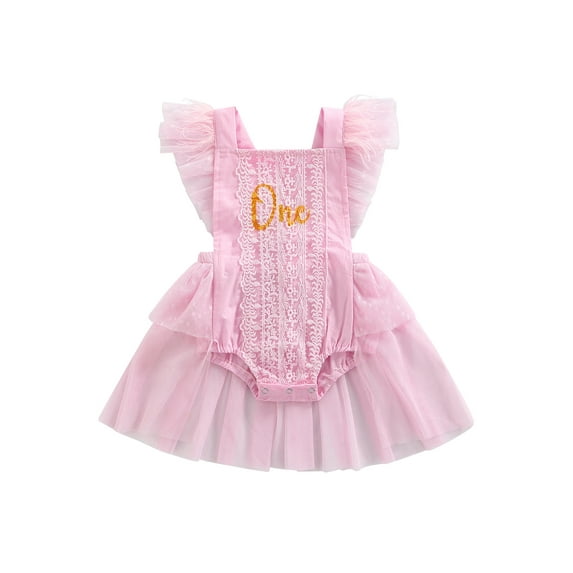 Franhais Baby Girl’s Feather Fly Sleeve Romper Fashion Letter Mesh Yarn Skirt Back Tie-up Triangle Jumpsuits