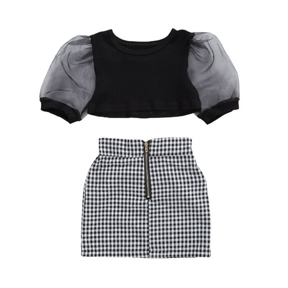 Franhais Baby Girls 2 Pieces Summer Outfit, Round Collar Short Tops + Plaid Mini Skirt Set
